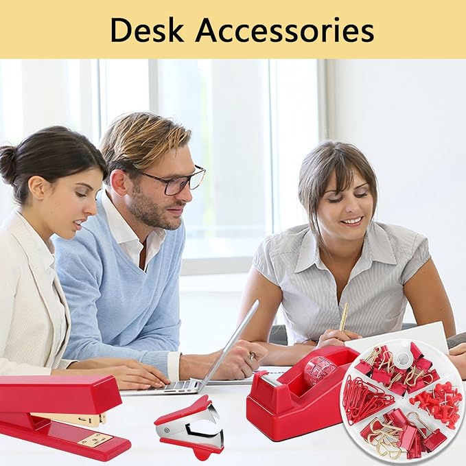 Office Supplies,Red Desk Accessories,Office Supplies Set,Stapler and Tape Dispenser Set,Scissors,Staple Remover,Binder Clips,Staples,Ballpoint Pen,Index Tabs with Ruler,Clear Tape.9pcs for Office