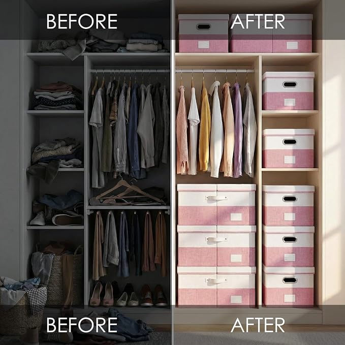 PRANDOM Storage Bins with Lids [3-Pack] Linen Fabric Foldable Storage Boxes Organizer Containers Baskets Cube with Cover for Bedroom Closet Office White&Pink (23.4X15.9X11.4)