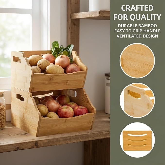 Cididu 2 Pack Bamboo Stackable Storage Bin, Countertop Open Front Stacking Bins, 2 Tier Organize Basket Box with Handle, Food Fruit Container for Cabinet, Kitchen, Studio, Office