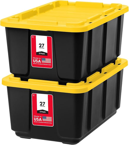 IRIS USA 2-Pack 27 Gal Heavy Duty Storage Tote Bins with Lids, Black/Yellow | Large-capacity design handles moving, camping gear and bulky equipment, Stackable shape maximizes garage storage