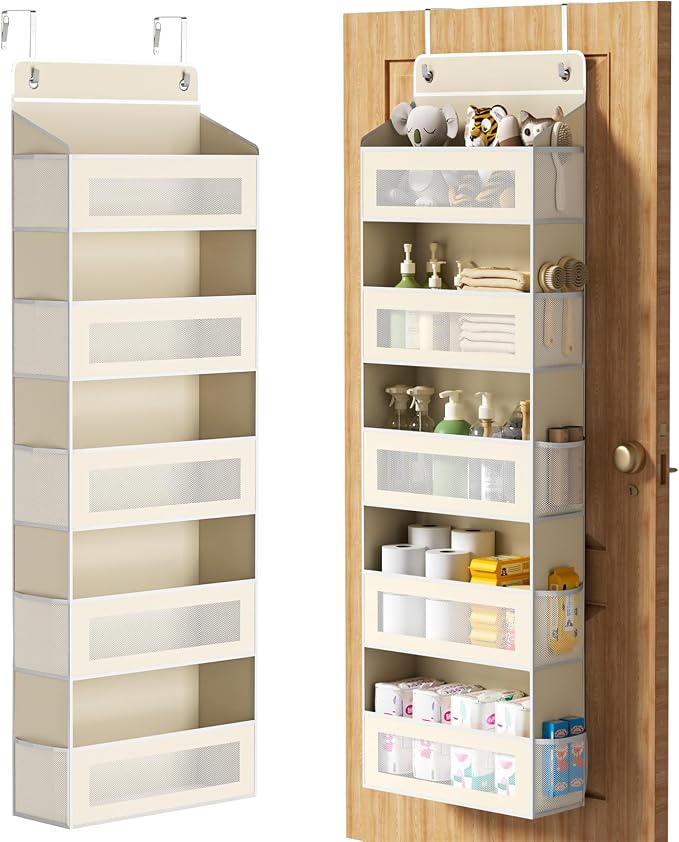 AQOOA 5-Tier Over The Door Organizer 44 lbs Capacity fit Standard Doors | Over the Door Storage with10 Side Pockets Behind Door Storage, Closet Door Organizer Hanging Shelf for Bathroom, Beige