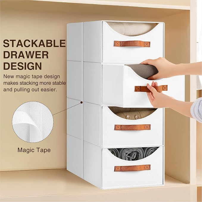 Homsorout Stackable Storage Drawers - Large Collapsible Storage Bins with Drawers, 6 Pack Closet Shelf Organizer Basket, Fabric Pull Out Organizer for Bedroom, Living Room, Dorm, White