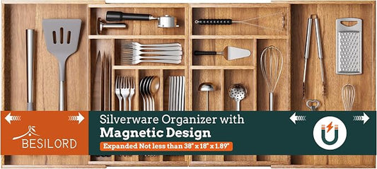 Silverware Organizer Large, Magnetic Connected Expandable 13 Slots Silverware Drawer Organizer From 21 to 37.4 Inches, Adjustable Flatware and Cutlery Holder, Bamboo Utensil Tray for Kitchen Acacia