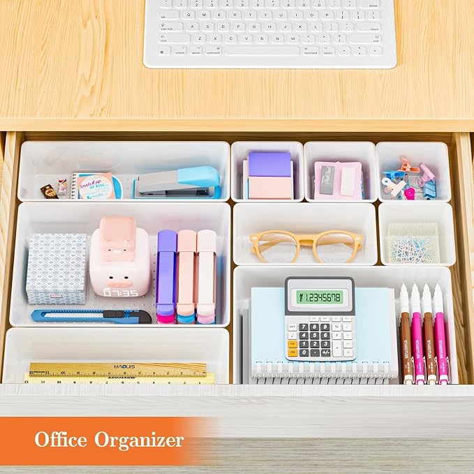 SpaceHacks 25 PCS Plastic Drawer Organizer Set, 4-Size Versatile Organizer Trays & storage Bins for Makeup, Jewelry, and Gadgets in Bathroom, Bedroom and Office, White
