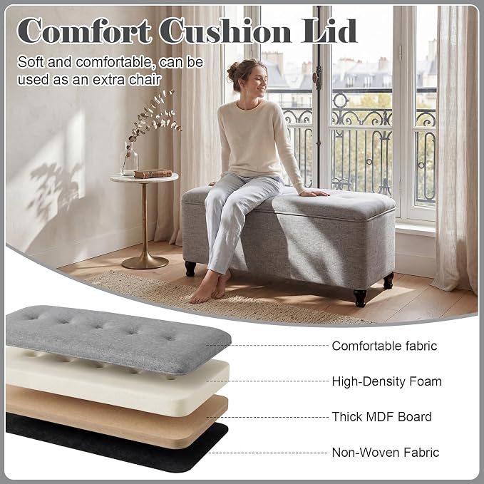 Homebeez 41" Linen Storage Ottoman Bench with Button Tufted Top & Wooden Legs, Upholstered Storage Bench for Bedroom, Entryway, Living Room