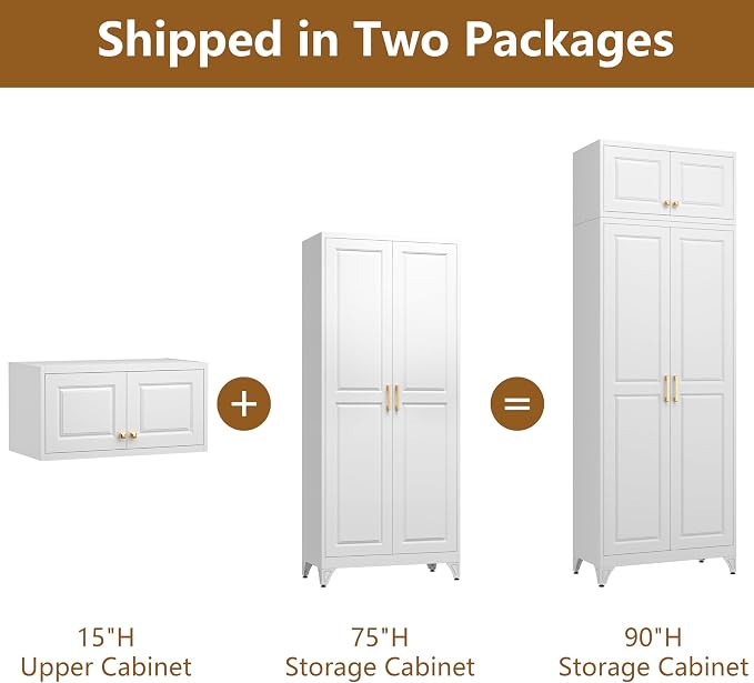 Polup 90" Pantry Cabinet, Tall Metal Storage Cabinet with Doors and Shelves | White Kitchen Cabinet, 5 Adjustable Shelving, Heavy-Duty, 2 Gold Handles, 4 Standing Feet, for Dining Room Garage & Laundry