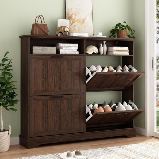 Hidden Shoe Storage Cabinet with 4 Flip Drawers & Open Storage | Farmhouse Modern Shoes Rack Cabinet,Adjustable Shelves ,Narrow Slim Shoe Organizer for Front Door Entrance, Entryway, Walnut