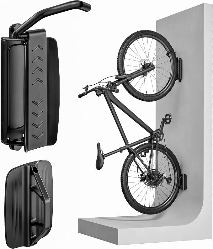 Bike Wall Mount for Garage, Holds 77lbs,Swivel Indoor Bike Storage, 1 Pack | Adjustable 65° angle for space-saving storage. Fits most bikes with tires under 3.15"H/3.5"W. Ideal for garage & entryway.