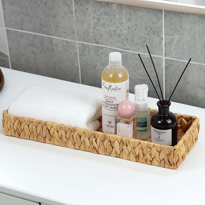 Water Hyacinth Bathroom Vanity Tray, 16.7 Inch | Long Toilet Tank Basket, Hand Towel Organizer, Bathroom Counter Storage, Coffee Table Tray, Woven Decor