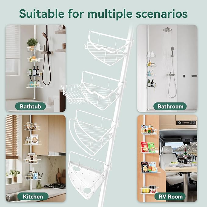 Corner Shower Caddy Tension Pole, 4 Tier Rustproof Shower Tension Rod Organizer, Adjustable 25-125 Inch Bathroom Shower Organizer Shelves for Bathtub Shampoo Storage, White