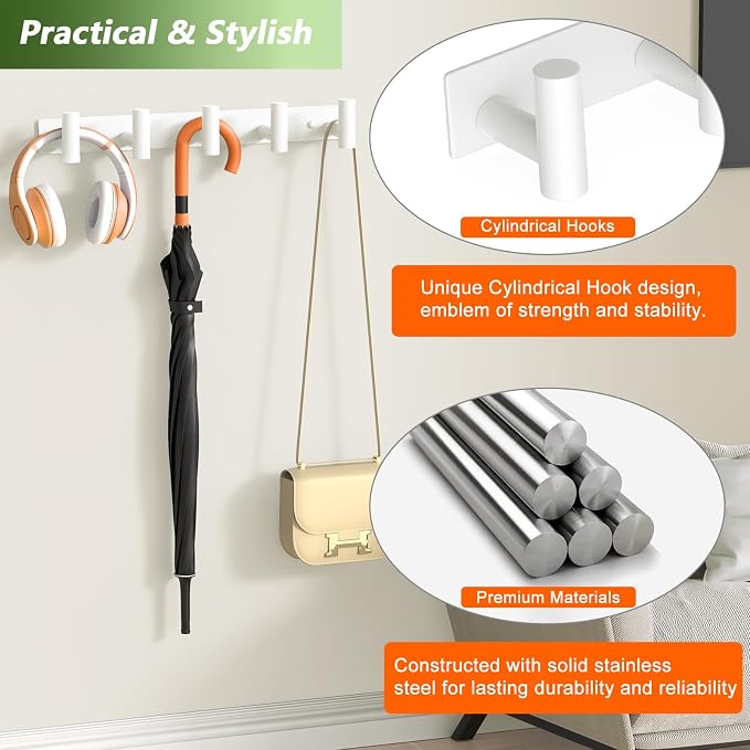 Wall Mounted Coat Rack-5 Hooks, Heavy Duty Stainless Steel Wall Hooks for Towel Coat Bag, Hat Rack Coat Hanger Coat Hooks Towel Racks for Bathroom Entryway Kitchen Hotel Office (White, 1 Pack)