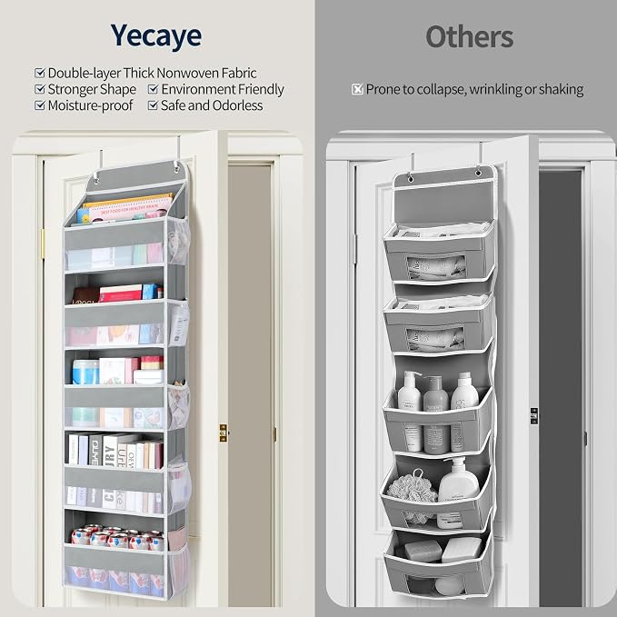 Yecaye Over The Door Organizer Storage, 5-Tier Heavy Duty Door Organizers Hanging with 10 Side Mesh Pockets, 44 lbs Load Capacity Behind Door Storage for Bathroom Nursery Bedroom Dorm Closet,Grey,1Pc