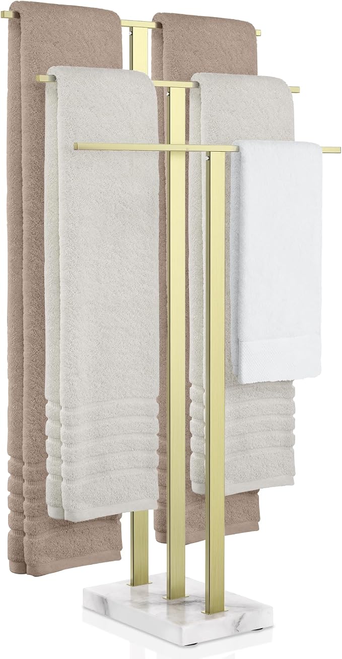 KES 3-Tier Freestanding Towel Rack with Marble Base, 36" Tall, Brushed Gold | Weighted Base Prevents Tipping, Anti-Slip Pads, No-Drill Assembly, Fits Bath Sheets And Hand Towels, For Humid Bathrooms