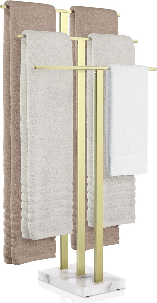 KES 3-Tier Freestanding Towel Rack with Marble Base, 36" Tall, Brushed Gold | Weighted Base Prevents Tipping, Anti-Slip Pads, No-Drill Assembly, Fits Bath Sheets And Hand Towels, For Humid Bathrooms
