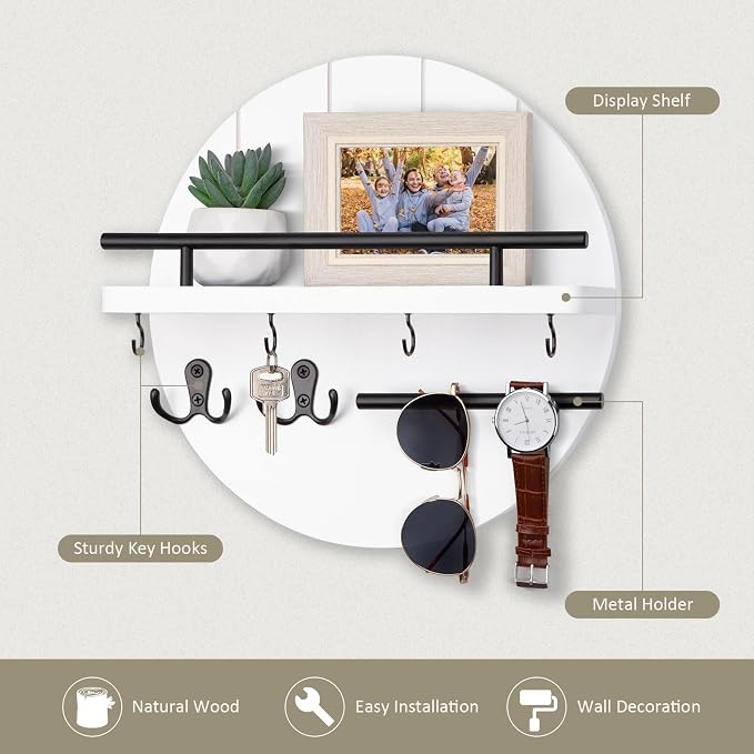 Nekon Rustic Wall Mount Key Organizer, 11.8 Inch Rack with Shelf and 6 Hooks, Circular Wooden Key Hanger for Entryway Hallway Kitchen (White)