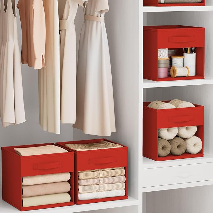 DIMJ Cube Bins, 12.2-Inch Storage Bins Cubes with Window, 6 Packs Collapsible Storage Bins with Handles, Closet Storage Baskets for Organizing Living Room, Office,8 Pack,Red