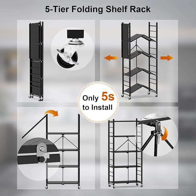 Himix Storage Shelves with 20 Hooks, 5-Tier Collapsible Organization Storage Rack Bookshelf Folding Pantry Shelves Cube Shelf Wire Shelving Holds 440 Ibs for Garage Kitchen Room, Black