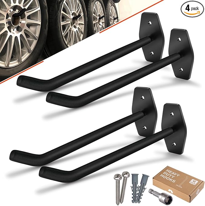 Tire Rack Wall Mount, 10in Large Garage Hooks Heavy Duty Storage | 4 Pack Large Ladder Hooks for Hanging, Garage Organizer for Wheel Holder, Rims Folding Chairs Power Tool Bulk Items | 88lbs