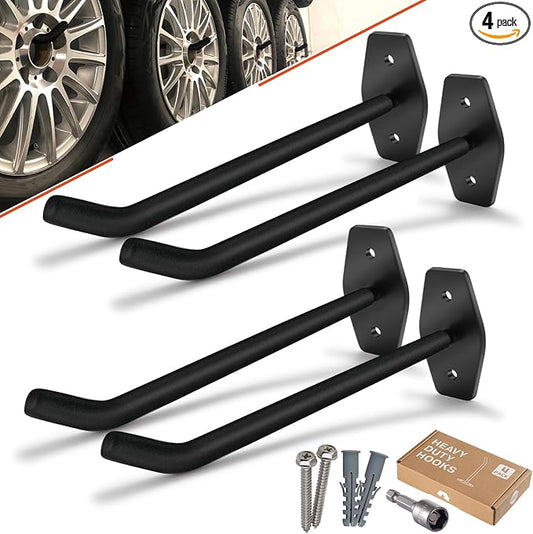 Tire Rack Wall Mount, 10in Large Garage Hooks Heavy Duty Storage | 4 Pack Large Ladder Hooks for Hanging, Garage Organizer for Wheel Holder, Rims Folding Chairs Power Tool Bulk Items | 88lbs