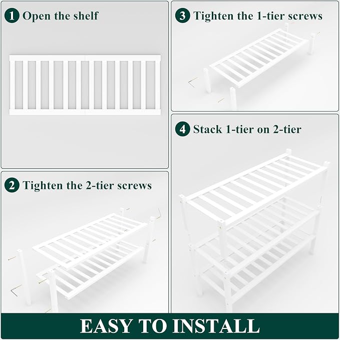 Smiry Bamboo Shoe Rack, 12 Vertical Slats, 3 Tier - 26.8" Wide, White | Stackable Free Standing Wooden Shoe Organizer, Wood Shoe Storage Shelf for Closet, Entryway