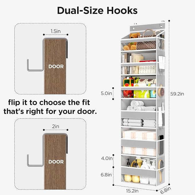 6 Tiers Over The Door Organizer, Behind The Door Storage Hanging Shelves | Heavy Duty Hanging Organizer Storage with Large Capacity Pockets for Closet Wall Bathroom Bedroom Nursery Pantry, 1 Grey