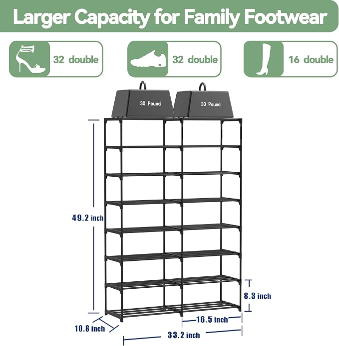 Large Shoe Rack Organizer, 2-Row 8-Tier Tall Shoe Storage Shelf for Closet, Entryway, Garage, Metal Free Standing Shoe Holder for 28-32 Pairs Shoes, Sturdy Stackable Shoe Stand for Bedroom