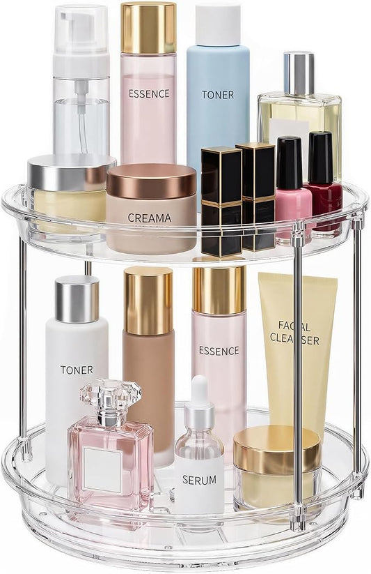 Rotating Makeup Organizer for Vanity, Skincare Holder with 2 Tier Tray | Spinning Bathroom Counter Organizer with Easy Assembly & Non-Slip Base, Stable Vanity Tray for Perfume, Cosmetics, Hair Care