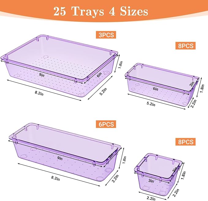 SpaceHacks 25 PCS Plastic Drawer Organizer Set, 4-Size Versatile Organizer Trays & storage Bins for Makeup, Jewelry, and Gadgets in Bathroom, Bedroom and Office,Clear Purple