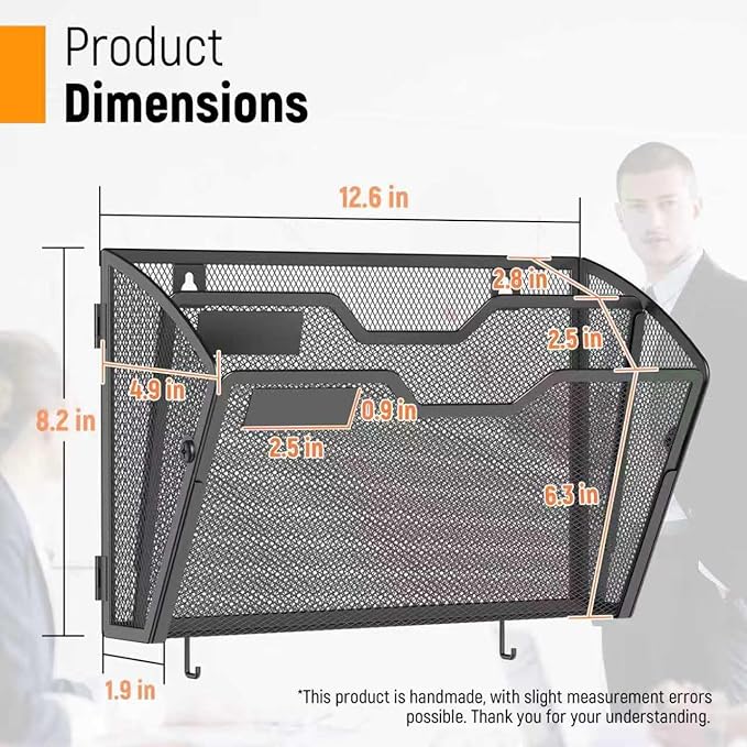Docnest 3 Pack 2 Tier Mesh Wall File Holders with Hooks for Mail, Black | Space-saving vertical design with utility hooks. Ideal paper document organizer for office, home, and school