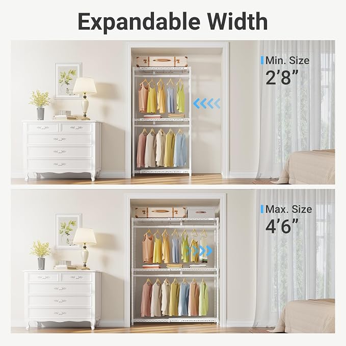 VIPEK X1 Plus Expandable Heavy Duty Clothes Rack, Clothes Organizer White | Reach-in Closet System with Adjustable Shelves & Hanger rods from 2'8" to 4'6", Metal Clothing Racks Portable Walk-in Closet