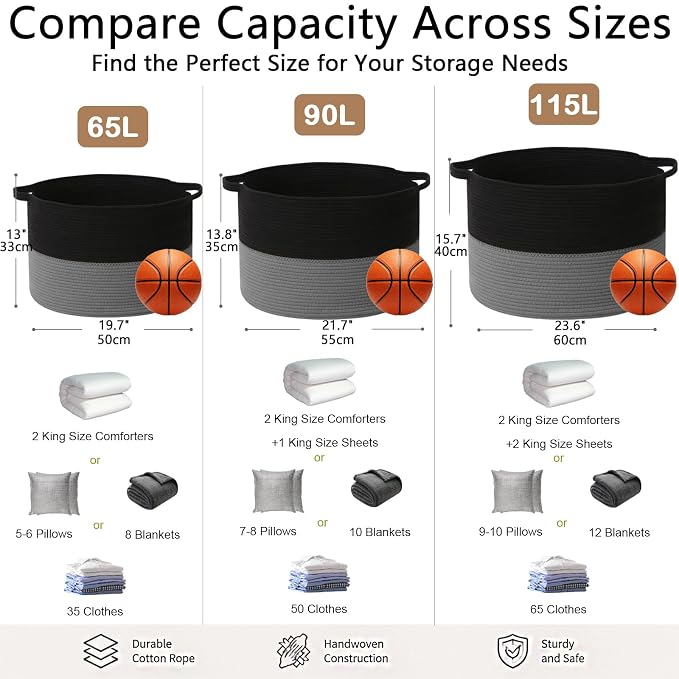 90L Extra Large Blanket Basket,Woven Laundry Basket-Black&Dark Grey | Collapsible, reinforced handles, nursery storage bin organizes clothes, toys and pillows for living room, bedroom bathroom