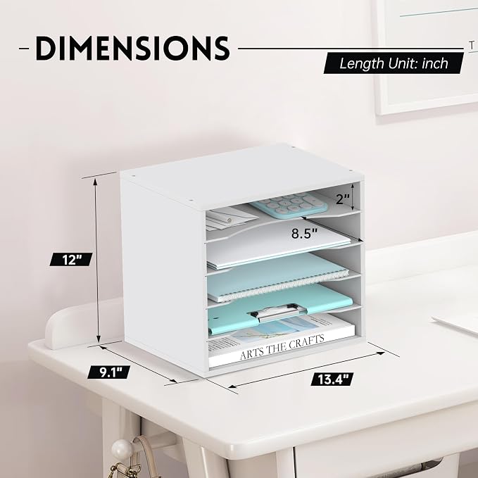 5 Tier Wood Desk Organizer, Mail Sorter and Paper Organizer for Desk, White | Wooden Desktop Organizer for Sorting Papers, Letters and Mails, Literature Organizer for Home Office, Classroom Organization