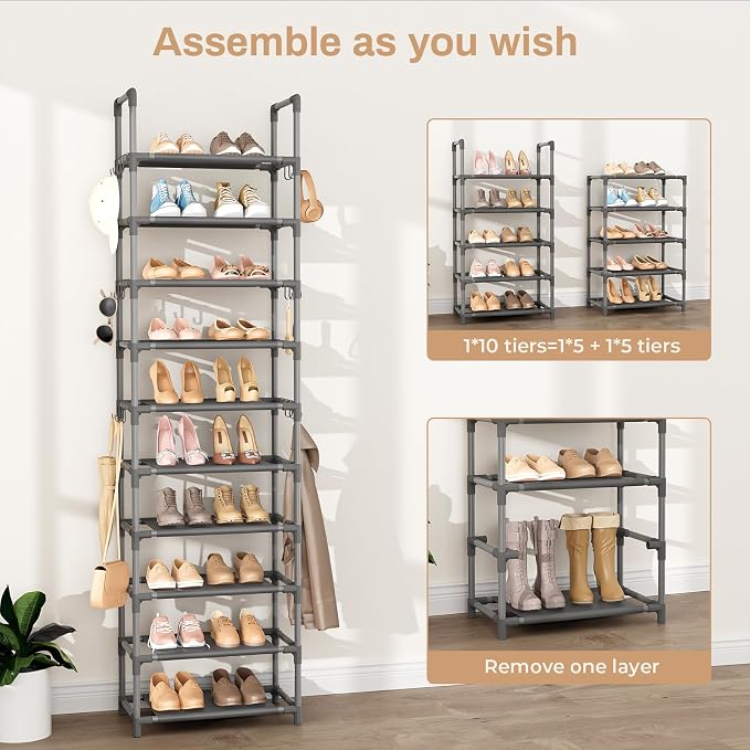 VTRIN 10 Tiers Tall Shoe Rack Holds 20-25 Pairs of Shoes Sturdy Vertical Shoe Organizer with 18pcs Hooks Stackable Narrow Shoe Rack for Closet, Entryway Grey