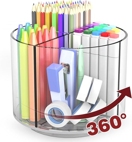 Pencil Holder for Kids, 360 Rotating Pen Holder for Desk Organizer and Storage, 4 Compartments Art Supply Marker Organizer, Pen Organizer Pencil Holder