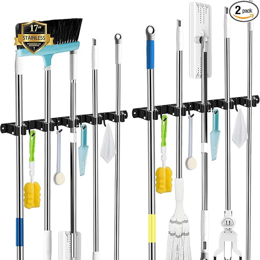 2 Pack Black Broom Holder Wall Mount, 5 Racks 4 Hooks Mop and Broom Holder | Mop Holder Wall Mount and Broom Hanger for Garage, Laundry Room, Kitchen and Utility Storage