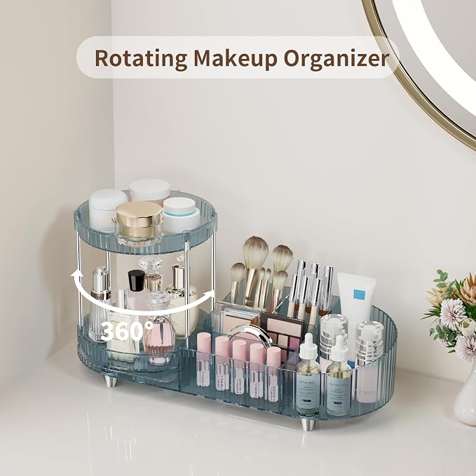 Rotating Makeup Organizer for Vanity, 2 Perfume Trays with 5 Compartments Cosmetic & Skincare Storage, Space-Saving Beauty Organizer, Multi-Purpose Countertop Organizers for Bathroom, Desktop, Pantry