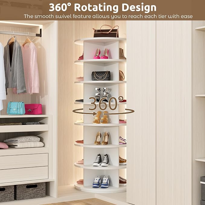 Rotating Shoe Rack 7 Tier Spinning Shoes Organizer Tower for 28-32 Pairs Lazy Susan 360 Revolving Shoe Storage Cabinet Rotate Shoe Handbag Rack Round Carousel for Closet, Bedroom (White)