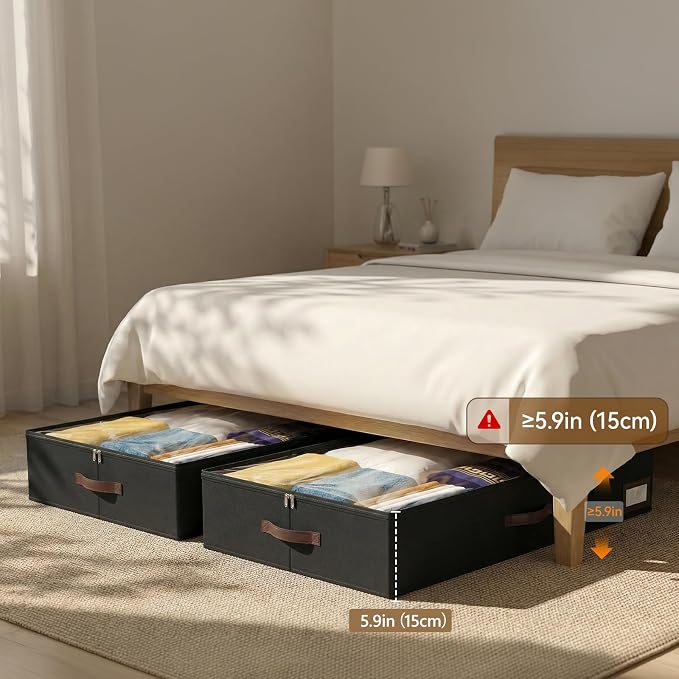 OIAHOMY 2 Pack Under Bed Storage with Handles, Underbed Container for Bedroom & Closet, Fits Beds Higher than 6", Under the Bed Storage for Seasonal Clothes, Blankets & Shoes - Black
