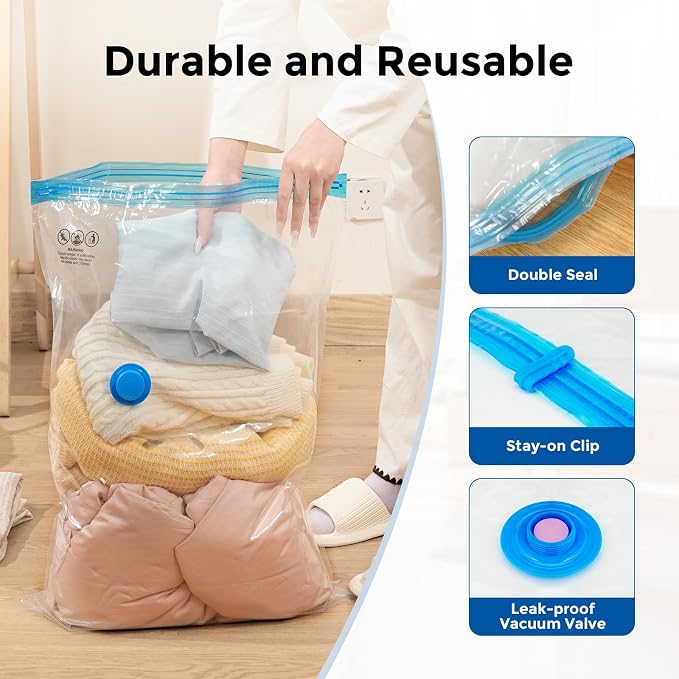 ETENWOLF 4 Combo Vacuum Storage Bags for Travel with Wireless Pump | Vacuum Seal Bags for Clothing Travel, Compression Packing Bags for Clothes and Blankets, Space Saver Bags in Carry-On Sizes