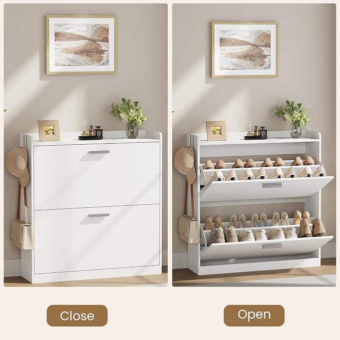 Shoe Cabinet Organizer with 2 Flip Drawers,Narrow Shoe Rack 31.5" W White | Freestanding shoe storage cabinet for entryway,foyer and hallway,space-saving flip drawers,Adjustable Shelves & 2 Hooks