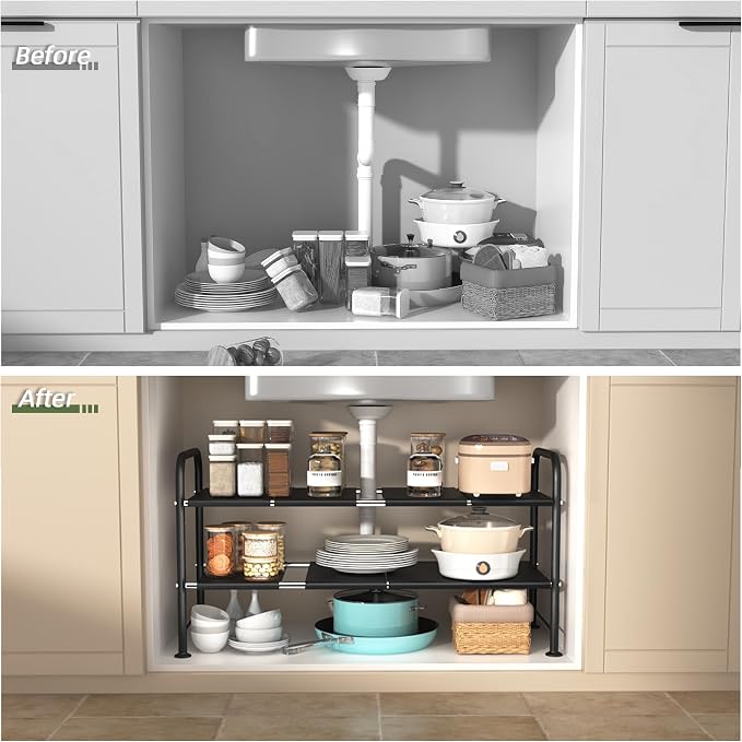 Under Sink Organizers and Storage,Expandable under cabinet organizer Shelf | 2 tier expandable shelf for kitchen and bathroom,8 Removable Carbon Steel Panels,27.36-36.02" W x 12.28" D x 16.93" H