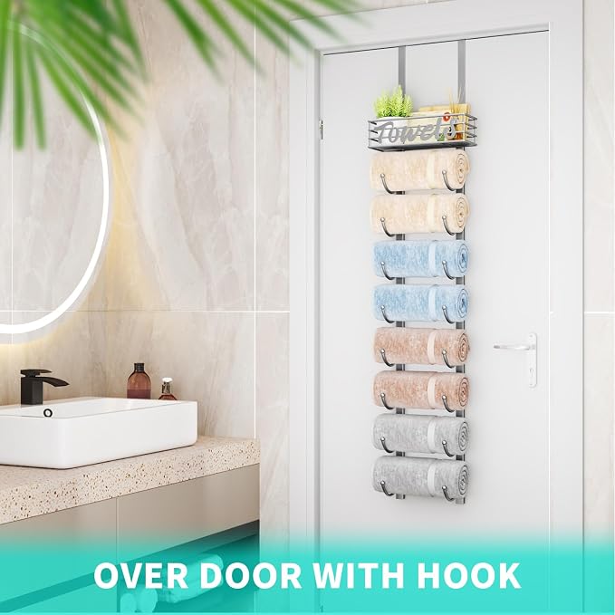 HapiRm Towel Racks for Bathroom Storage - 9 Tier Over The Door & Wall Mount Rolled Towel Storage Organizer Holder with Metal Shelf Basket for Small Bathroom, Camper, Rv - Sliver, Patented