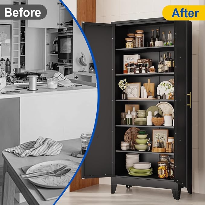 75" Metal Storage Cabinet with 2 Doors and 5 Adjustable Shelves,Black Farmhouse Kitchen Pantry Cabinet,Steel Garage Tool Cabinet,File Cabinetfor Home,Office,Dinning Living Room,Warehouse