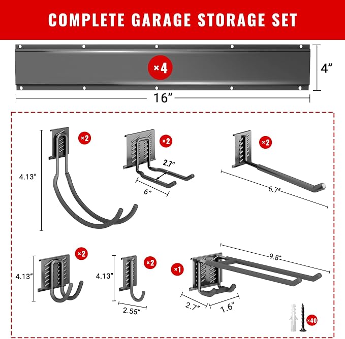 Garage Tool Organizer Wall Mount, Easy to 64inch Install Heavy-Duty Garage Storage System with 11 Adjustable Hooks, Garden Tool Rack for Shovels, Rakes, Yard Tools