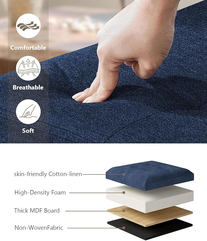 Folding Storage Ottoman Bench, Navy Blue, 43 Inches | Multi-Functional Ottoman Foot Rest, End of Bed Bench, Storage Chest, Living Room, Bedroom, Hallway, Entryway, 600 lb Capacity