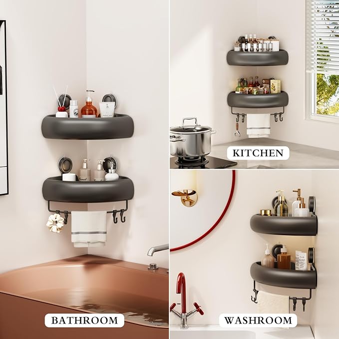 CICUFY Shower Caddy Suction Cup, 2 Pack No Drilling Corner Shower Shelves, Rust Proof Bathroom Storage Organizer, Shower Corner Caddy with Removable Hooks and Towel Bar, Triangle, Grey