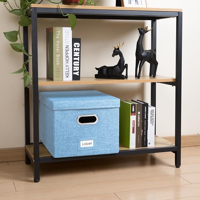 File Organizer Box - Set of 2 Collapsible Decorative Linen Filing Storage with Lids Office Cabinet Letter/Legal Size Blue (17x14x11.2 inch)