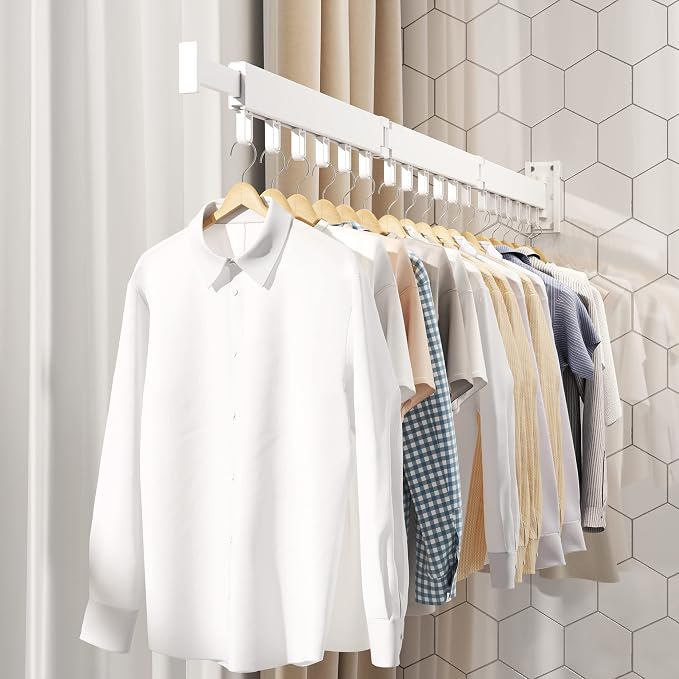 HEILAIYI Clothes Drying Rack,Laundry Drying Rack,Wall Mounted Clothes Rack,Laundry Rack Wall Mount,Folding Retractable Collapsible Drying Rack Clothing (Three-Poles,Loop Hooks,White)