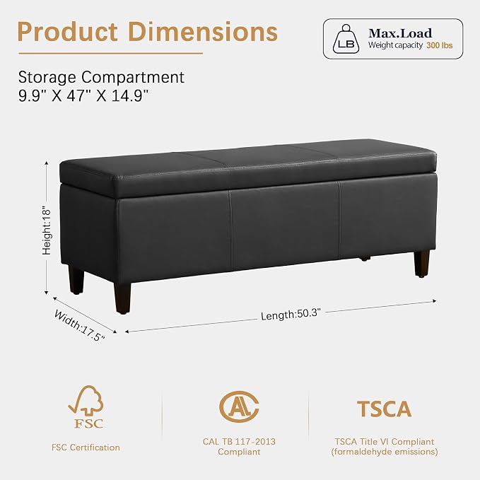 HUIMO Faux Leather Storage Ottoman Bench 50.3 Inch Extra Long PU Upholstered Bedroom Bench with Large Storage Space for the Living Room, Entryway, Bedroom Hold Up to 300lbs (Black)
