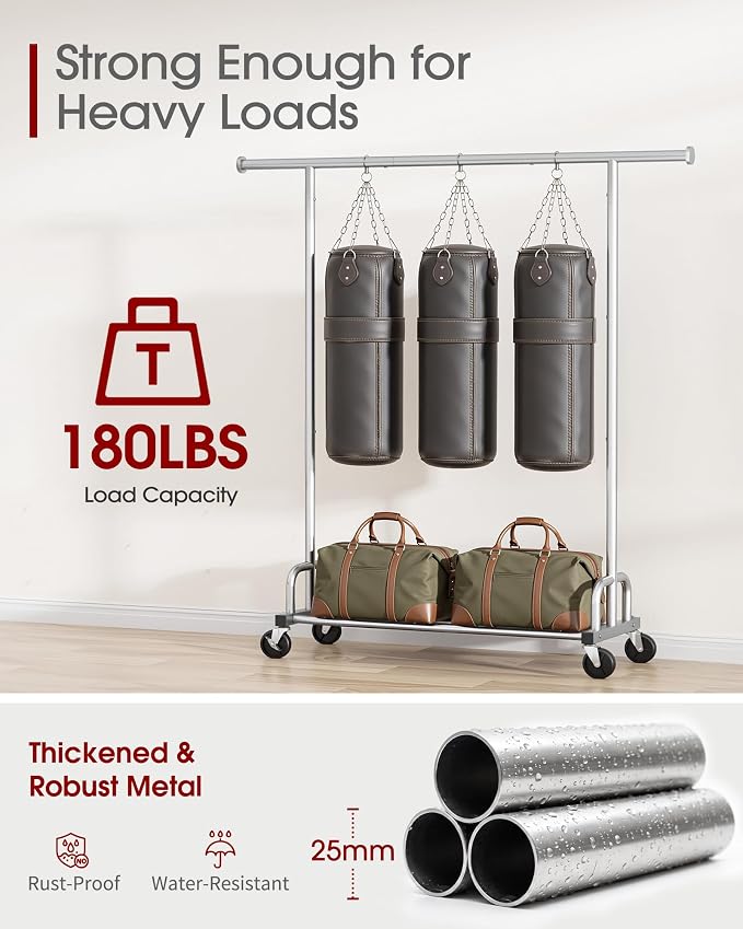 Sakugi Clothes Rack - Large-Capacity Clothing Racks for Hanging Clothes with Lockable Wheels, Space-Saving Metal Coat Rack for Bedroom, Laundry Room, Entryway, 45.6" x 16.9" x 59", Silver